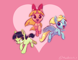 Size: 1227x946 | Tagged: safe, artist:tttthunderbolt, derpibooru import, earth pony, pegasus, pony, blossom (powerpuff girls), bubbles (powerpuff girls), buttercup (powerpuff girls), female, filly, foal, heart, heart background, open mouth, open smile, ponified, smiling, species swap, the powerpuff girls, trio