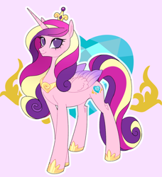 Size: 1972x2165 | Tagged: safe, artist:frowoppy, derpibooru import, princess cadance, alicorn, pony, unicorn, g4, crown, female, jewelry, looking at you, mare, pink background, purple eyes, purple hair, regalia, simple background, smiling, smiling at you, solo, white outline, wings, yellow mane