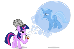 Size: 2250x1500 | Tagged: safe, artist:detectivefrankie, artist:navitaserussirus, derpibooru import, edit, trixie, twilight sparkle, unicorn twilight, pony, unicorn, g4, blowing bubbles, bubble, bubble pipe, deerstalker, detective, detective twilight, duo, duo female, female, hat, hilarious in hindsight, pipe, sherlock holmes, sherlock sparkle, simple background, soap bubble, transparent background, trapped, vector edit