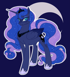 Size: 2047x2252 | Tagged: safe, artist:frowoppy, derpibooru import, princess luna, alicorn, pony, blue background, colored wings, crescent moon, female, freckles, looking at you, mare, moon, no pupils, simple background, smiling, smiling at you, solo, two toned wings, white outline, wings