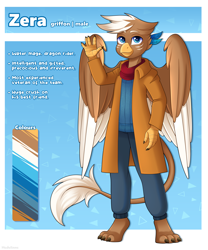 Size: 3478x4185 | Tagged: safe, artist:madelinne, derpibooru import, oc, oc only, anthro, griffon, clothes, griffon oc, leonine tail, reference sheet, scarf, solo, tail