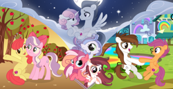 Size: 1024x524 | Tagged: safe, artist:velveagicsentryyt, derpibooru import, apple bloom, diamond tiara, pipsqueak, rumble, scootaloo, sweetie belle, oc, oc:cherry ruby, oc:citrine apple, oc:snowlly white, earth pony, pegasus, pony, unicorn, apple, apple tree, female, lesbian, magical lesbian spawn, male, moon, offspring, older, parent:apple bloom, parent:diamond tiara, parent:pipsqueak, parent:rumble, parent:scootaloo, parent:sweetie belle, parents:diamondbloom, parents:rumbelle, parents:scootasqueak, rainbow falls (location), ship:diamondbloom, ship:rumbelle, ship:scootasqueak, shipping, straight, tree