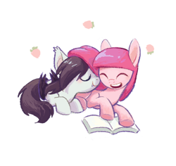 Size: 1058x1000 | Tagged: safe, artist:tttthunderbolt, derpibooru import, bat pony, pony, adventure time, book, cuddling, duo, female, lesbian, marceline, open mouth, open smile, pink hair, pink mane, princess bubblegum, shipping, simple background, smiling, teeth, white background