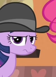 Size: 310x428 | Tagged: safe, derpibooru import, edit, edited screencap, screencap, pinkie pie, twilight sparkle, unicorn twilight, earth pony, pony, unicorn, mmmystery on the friendship express, annoyed, bowler hat, cropped, hat, heart, solo focus, twilight sparkle is best facemaker, twilight sparkle is not amused, unamused