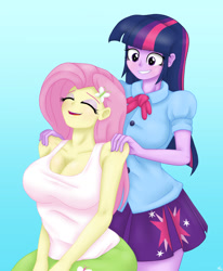 Size: 1280x1553 | Tagged: safe, artist:lennondash, derpibooru import, fluttershy, twilight sparkle, human, equestria girls, g4, bare shoulders, big breasts, blue background, breasts, butterfly hairpin, cleavage, clothes, collarbone, commission, duo, duo female, eyes closed, female, gradient background, grin, headlight sparkle, hootershy, massage, open mouth, shoulder massage, simple background, sitting, skirt, smiling, tanktop