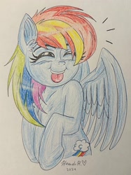 Size: 1829x2444 | Tagged: safe, artist:pinkamena_exe, derpibooru import, rainbow dash, pegasus, pony, :p, chest fluff, cute, eyes closed, female, human shoulders, mare, pencil drawing, silly, silly pony, solo, tongue, tongue out, traditional art