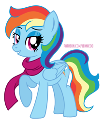 Size: 945x1100 | Tagged: safe, alternate version, artist:jennieoo, derpibooru import, part of a set, rainbow dash, pegasus, pony, alternate hairstyle, clothes, female, looking at you, mare, rainbow dash always dresses in style, raised hoof, raised leg, scarf, show accurate, simple background, smiling, smiling at you, solo, transparent background, vector