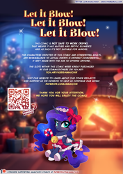 Size: 827x1169 | Tagged: safe, artist:amaichix, derpibooru import, princess luna, alicorn, pony, comic:let it blow! let it blow! let it blow!, g4, advertisement, bell, bell collar, blushing, bow, candy, candy cane, chibi, christmas, christmas clothing, christmas stocking, christmas tree, clothes, collar, female, fire, fireplace, food, holiday, information, looking at you, mare, present, qr code, solo, tree, window, wings