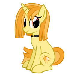 Size: 1500x1500 | Tagged: safe, artist:heliocentric, derpibooru import, oc, oc only, oc:amber flair, pony, unicorn, g4, 2024 community collab, choker, derpibooru community collaboration, female, full body, heart, horn, looking at you, mare, simple background, sitting, smiling, solo, tail, transparent background, two toned mane, two toned tail, unicorn oc