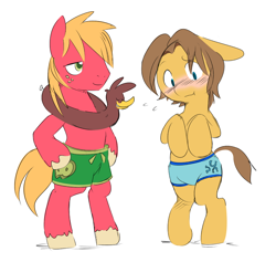 Size: 850x807 | Tagged: safe, artist:ende26, color edit, derpibooru import, edit, big macintosh, caramel, earth pony, pony, semi-anthro, g4, blushing, clothes, colored, cute, cutie mark on clothes, duo, duo male, embarrassed, gay, inner tube, macabetes, male, nudity, partial nudity, pool toy, ship:caramac, shipping, shorts, simple background, stallion, swimming trunks, swimsuit, topless, white background