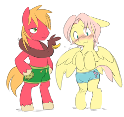 Size: 850x807 | Tagged: safe, alternate version, artist:ende26, color edit, derpibooru import, edit, big macintosh, butterscotch, fluttershy, earth pony, pegasus, pony, semi-anthro, g4, adorascotch, blushing, clothes, colored, cute, cutie mark on clothes, duo, duo male, embarrassed, fluttermac, gay, half r63 shipping, inner tube, macabetes, male, nudity, partial nudity, pool toy, rule 63, rule63betes, ship:buttermac, shipping, shorts, simple background, stallion, swimming trunks, swimsuit, topless, white background