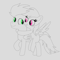 Size: 1400x1400 | Tagged: safe, artist:mrsdashskies, derpibooru import, rainbow dash, soarin', pegasus, pony, female, gray background, looking at each other, looking at someone, male, mare, shipping, simple background, sketch, smiling, smiling at each other, soarindash, stallion, straight