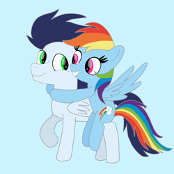 Size: 1400x1400 | Tagged: safe, artist:mrsdashskies, derpibooru import, rainbow dash, soarin', pegasus, pony, blue background, cyan background, female, looking at each other, looking at someone, male, mare, shipping, simple background, smiling, smiling at each other, soarindash, stallion, straight