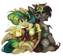 Size: 2108x1893 | Tagged: safe, artist:feelinnglad, derpibooru import, oc, oc only, oc:jackass (nickel jack), oc:mojito lush, pegasus, pony, unicorn, 2024 community collab, broken horn, chest fluff, clothes, derpibooru community collaboration, duo, glasses, hand, horn, magic, magic hands, simple background, transparent background, watch