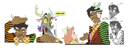 Size: 1813x683 | Tagged: safe, artist:bixels, derpibooru import, discord, fluttershy, draconequus, human, g4, 1920s au, angry, bowtie, creepy, dark skin, duo, facial hair, grin, gritted teeth, handshake, height difference, humanized, looking at each other, looking at someone, looking at you, moustache, sharp teeth, simple background, smiling, snaggletooth, solo focus, teeth, white background, zoot suit