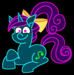 Size: 645x651 | Tagged: safe, artist:threetwotwo32232, derpibooru import, oc, oc only, oc:ultra violet, pony, unicorn, black background, bow, female, glowing, hair bow, looking at you, lying down, mare, neon, ponytail, prone, simple background, solo