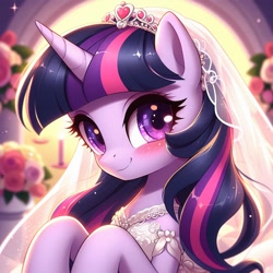 Size: 1024x1024 | Tagged: safe, ai content, derpibooru import, generator:dall-e 3, machine learning generated, twilight sparkle, pony, g4, blurry background, blushing, bust, clothes, dress, female, looking at you, mare, smiling, smiling at you, solo, veil, wedding dress, wedding veil