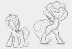 Size: 864x593 | Tagged: safe, anonymous artist, derpibooru import, lyra heartstrings, pinkie pie, earth pony, pony, unicorn, g4, bipedal, duo, eyes closed, happy, monochrome, open mouth, simple background, sketch, sketch dump, standing