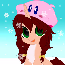 Size: 2048x2048 | Tagged: safe, artist:naoto yazarän, derpibooru import, oc, oc:harmony scorn li, unicorn, bow, cap, hair bow, hat, kirby, kirby (series), snow, snowfall