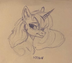 Size: 2275x2005 | Tagged: safe, artist:kibo, derpibooru import, princess luna, alicorn, pony, g4, ethereal mane, horn, looking at you, sketch, traditional art