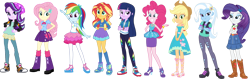 Size: 3954x1245 | Tagged: safe, artist:tylerajohnson352, derpibooru import, applejack, fluttershy, pinkie pie, rainbow dash, rarity, starlight glimmer, sunset shimmer, trixie, twilight sparkle, human, equestria girls, g4, clothes, clothes swap, eqg promo pose set, humane five, humane seven, humane six, simple background, transparent background