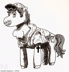 Size: 1770x1868 | Tagged: safe, artist:thehumanartist, derpibooru import, oc, oc only, oc:daso, earth pony, pony, g4, black and white, braces, cap, christianity, clothes, cross, cutie mark, grayscale, grin, hat, looking at you, male, monochrome, notebook, one eye closed, pen, simple background, smiling, solo, tattoo, traditional art, vest, white background, wink