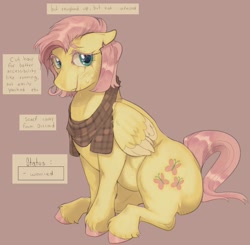 Size: 1068x1045 | Tagged: safe, artist:twistedtoms, derpibooru import, fluttershy, earth pony, pegasus, g4, alternate universe, english, hooves, pink hair, pink tail, sitting, solo, tail, text, yellow coat
