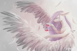 Size: 500x330 | Tagged: safe, artist:kiyomit, derpibooru import, oc, oc:crystal shine, large wings, love, sad, solo, spread wings, wings