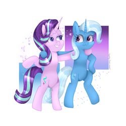 Size: 3000x3000 | Tagged: safe, artist:aasuri-art, derpibooru import, starlight glimmer, trixie, pony, unicorn, g4, road to friendship, bipedal, duo, duo female, female, glowing, glowing eyes, glowing mane, high res, hug, simple background, standing, white background