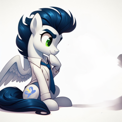 Size: 1024x1024 | Tagged: safe, ai content, derpibooru import, generator:bing image creator, machine learning generated, soarin', g4, clothes, necktie, pondering, prompter:*rainbow dash*, shirt, simple background, sitting, white background