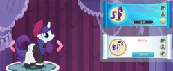 Size: 787x323 | Tagged: safe, derpibooru import, screencap, rarity, pony, unicorn, g4, beatnik rarity, beret, clothes, gameloft, hat, my little pony: magic princess, sweater