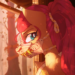 Size: 1350x1350 | Tagged: safe, artist:glazirka, derpibooru import, fluttershy, pegasus, pony, g4, alternate hairstyle, bust, looking back, mask, solo