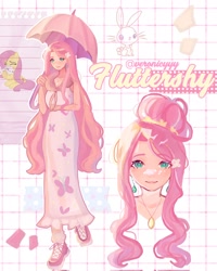 Size: 1642x2048 | Tagged: safe, artist:veronicyyy, derpibooru import, angel bunny, fluttershy, human, pegasus, pony, rabbit, g4, alternate hairstyle, animal, bust, clothes, dress, ear piercing, earring, female, hair bun, humanized, jewelry, long hair, looking at you, mare, necklace, parasol (umbrella), piercing, smiling, smiling at you, sundress