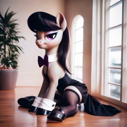 Size: 2048x2048 | Tagged: safe, ai content, derpibooru exclusive, derpibooru import, generator:pony diffusion v6 xl, machine learning generated, octavia melody, earth pony, pony, g4, bedroom eyes, bowtie, clothes, cuffs (clothes), dress, female, hoof shoes, indoors, looking at you, mare, prompter:siber, realistic, sitting, smiling, smiling at you, solo, stockings, thigh highs