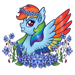 Size: 2048x2048 | Tagged: safe, artist:mesuyoru, derpibooru import, rainbow dash, pegasus, pony, g4, blue coat, colored wings, ear fluff, ears, female, floral head wreath, flower, flower in hair, grin, mare, multicolored wings, rainbow wings, simple background, smiling, smirk, solo, spread wings, transparent background, wings