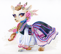 Size: 1378x1213 | Tagged: safe, artist:maytee, derpibooru import, oc, oc only, deer, goat, braid, bulgaria, clothes, cloven hooves, colored ear fluff, colored pencil drawing, commission, doe, dress, ear fluff, ears, female, flower, flower in hair, goat oc, looking at you, shoes, simple background, solo, traditional art, traditional dress, white background
