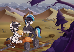 Size: 4961x3508 | Tagged: safe, artist:haruh_ink, derpibooru import, oc, oc only, oc:squall windfeather, oc:zahara, pegasus, zebra, fallout equestria, bag, cloud, cloudy, cowboy hat, dead tree, desert, hat, high res, looking back, map, melancholy, mountain, overcast, pegasus oc, post-apocalyptic, railroad, rock, saddle bag, scenery, story included, tree, zebra oc