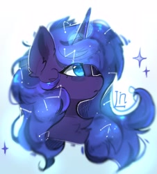 Size: 2317x2560 | Tagged: safe, artist:lunylin, derpibooru import, princess luna, alicorn, pony, g4, bust, chest fluff, constellation hair, ear fluff, ears, eye clipping through hair, female, halation, high res, horn, mare, no pupils, portrait, profile, side view, solo, starry mane