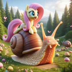 Size: 1024x1024 | Tagged: safe, ai content, derpibooru import, generator:dall-e 3, machine learning generated, fluttershy, butterfly, pegasus, pony, g4, animal, female, happy, mare, mushroom, open mouth, open smile, prompter:morishy1000, riding, smiling, snail, solo, spread wings, wings