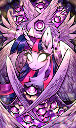 Size: 3000x5000 | Tagged: safe, artist:rico_chan, derpibooru import, twilight sparkle, twilight sparkle (alicorn), alicorn, angel, pony, seraph, seraphicorn, g4, biblically accurate angels, eye, eyes, eyes do not belong there, goddess, multiple wings, nimbus, phone wallpaper, solo, wallpaper, white eyes, wings