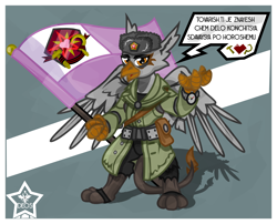 Size: 1300x1050 | Tagged: safe, artist:devorierdeos, derpibooru import, oc, oc:abbigail von de ebowing iii, griffon, clothes, coat, commie, commission, cyrillic, flag, griffon oc, hammer and sickle, heart smile, officer's watch, russian, translated in the description, ushanka hat, vexillarium, war paint