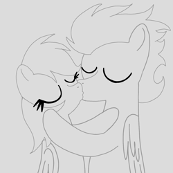 Size: 1400x1400 | Tagged: safe, artist:mrsdashskies, derpibooru import, rainbow dash, soarin', pegasus, pony, g4, eyes closed, female, kiss on the lips, kissing, male, mare, shipping, sketch, soarindash, stallion, straight