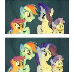 Size: 1080x1053 | Tagged: safe, derpibooru import, screencap, rainbow dash, rarity, scootaloo, sweetie belle, pony, campfire tales, g4, cute, cutealoo, dashabetes, diasweetes, discovery family, discovery family logo, logo, raribetes, watermark