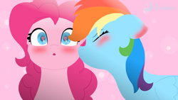 Size: 2560x1440 | Tagged: safe, artist:reinbou, derpibooru import, pinkie pie, rainbow dash, earth pony, pegasus, pony, g4, blushing, duo, duo female, female, heart, heart eyes, kissing, lesbian, pinkiedash, shipping, simple background, wingding eyes