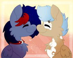 Size: 2500x2000 | Tagged: safe, artist:euspuche, derpibooru import, oc, oc only, oc:dawn chaser, oc:onyx, pegasus, pony, abstract background, animated, cheek fluff, chest fluff, coat markings, collar, commission, eyes closed, folded wings, gay, gif, heart, holiday, looking at each other, looking at someone, love, male, male oc, nuzzling, oc x oc, pegasus oc, shipping, smiling, smiling at each other, stallion, stallion oc, two toned mane, valentine's day, wings, ych result