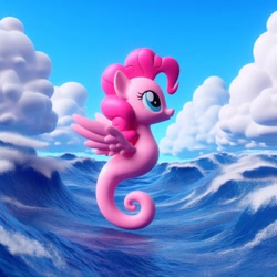 Size: 1024x1024 | Tagged: safe, ai content, derpibooru import, machine learning generated, pinkie pie, seahorse, g4, female, flying, ocean, prompter:pinkiepiepics, solo, species swap, water, wings