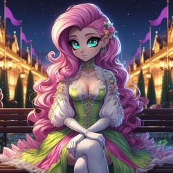 Size: 1024x1024 | Tagged: safe, ai content, derpibooru import, generator:dall-e 3, machine learning generated, fluttershy, human, g4, bench, breasts, cleavage, clothes, corset, crossed legs, dress, gloves, humanized, palace, sitting, skirt, socks, thigh highs