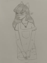 Size: 1520x2048 | Tagged: safe, artist:appljackgf, derpibooru import, apple bloom, human, g4, clothes, freckles, humanized, jewelry, necklace, overalls, shirt, sketch, solo, t-shirt, traditional art