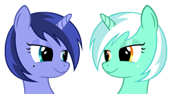 Size: 6540x3585 | Tagged: safe, artist:forsakensharikan, derpibooru import, lyra heartstrings, princess luna, pony, unicorn, g4, :3, alternate hairstyle, duo, duo female, female, lidded eyes, looking at each other, looking at someone, mole, palette swap, recolor, simple background, transparent background, vector
