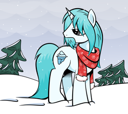 Size: 3048x2715 | Tagged: safe, artist:feather_bloom, derpibooru import, oc, oc only, oc:blizzard blitz, pony, unicorn, andy price, clothes, cloud, cloudy, comic style, commission, gradient hair, scarf, simple shading, snow, snowfall, solo